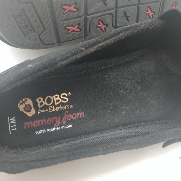 NEW BOBS Skechers | black leather suede shoes slip on rhinestone shoes black 11 - Picture 6 of 14